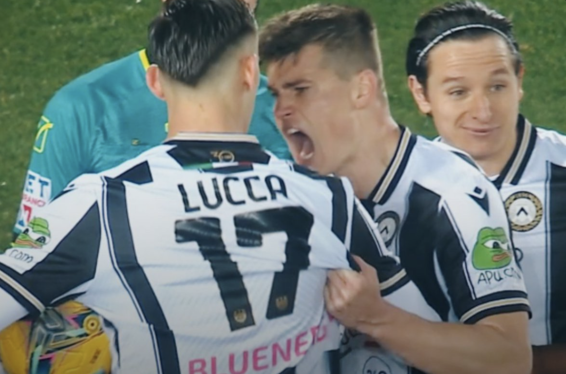 Jaka Bijol screams in Lorenzo Lucca's face after stealing a penalty from his captain